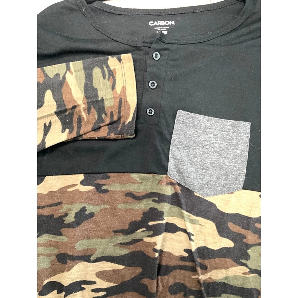 Carbon‎ Men's Large Black/Camo Henley Long Sleeve Shirt Chest Pocket